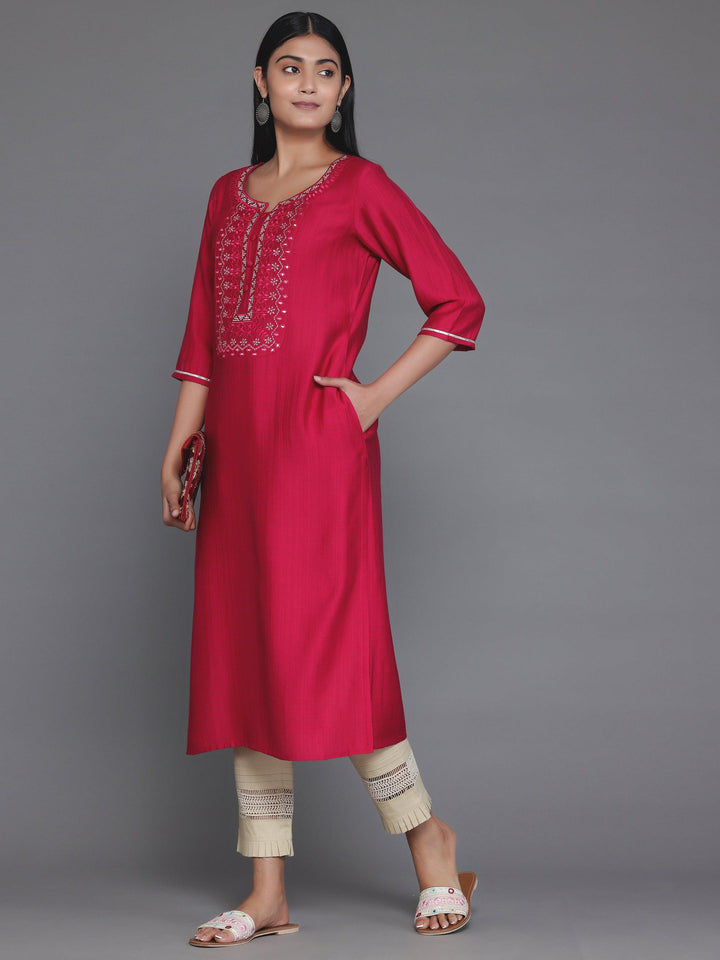 Pink Yoke Design Silk Blend Straight Kurta - Libas