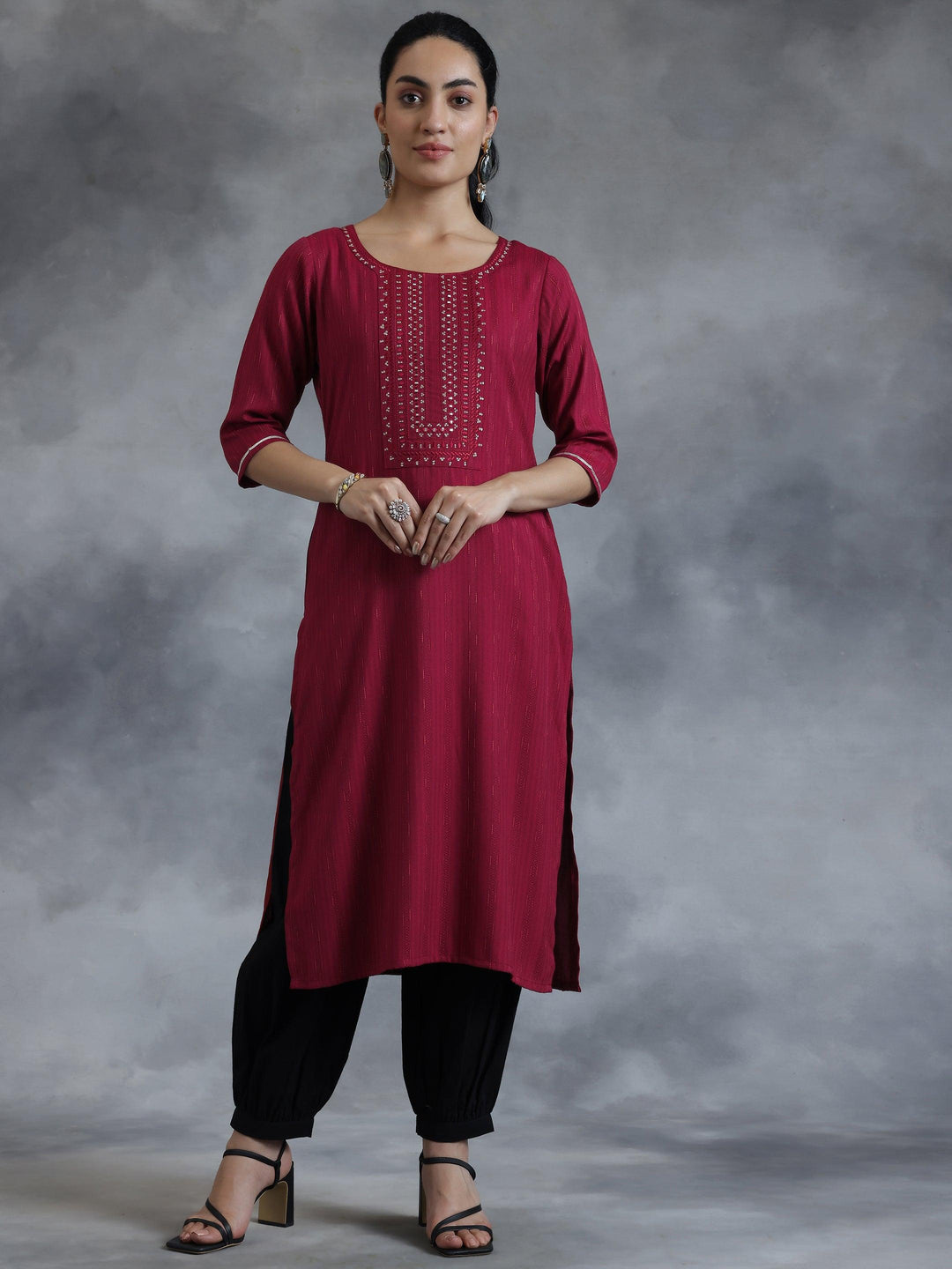 Maroon Yoke Design Rayon Straight Kurta - Libas 