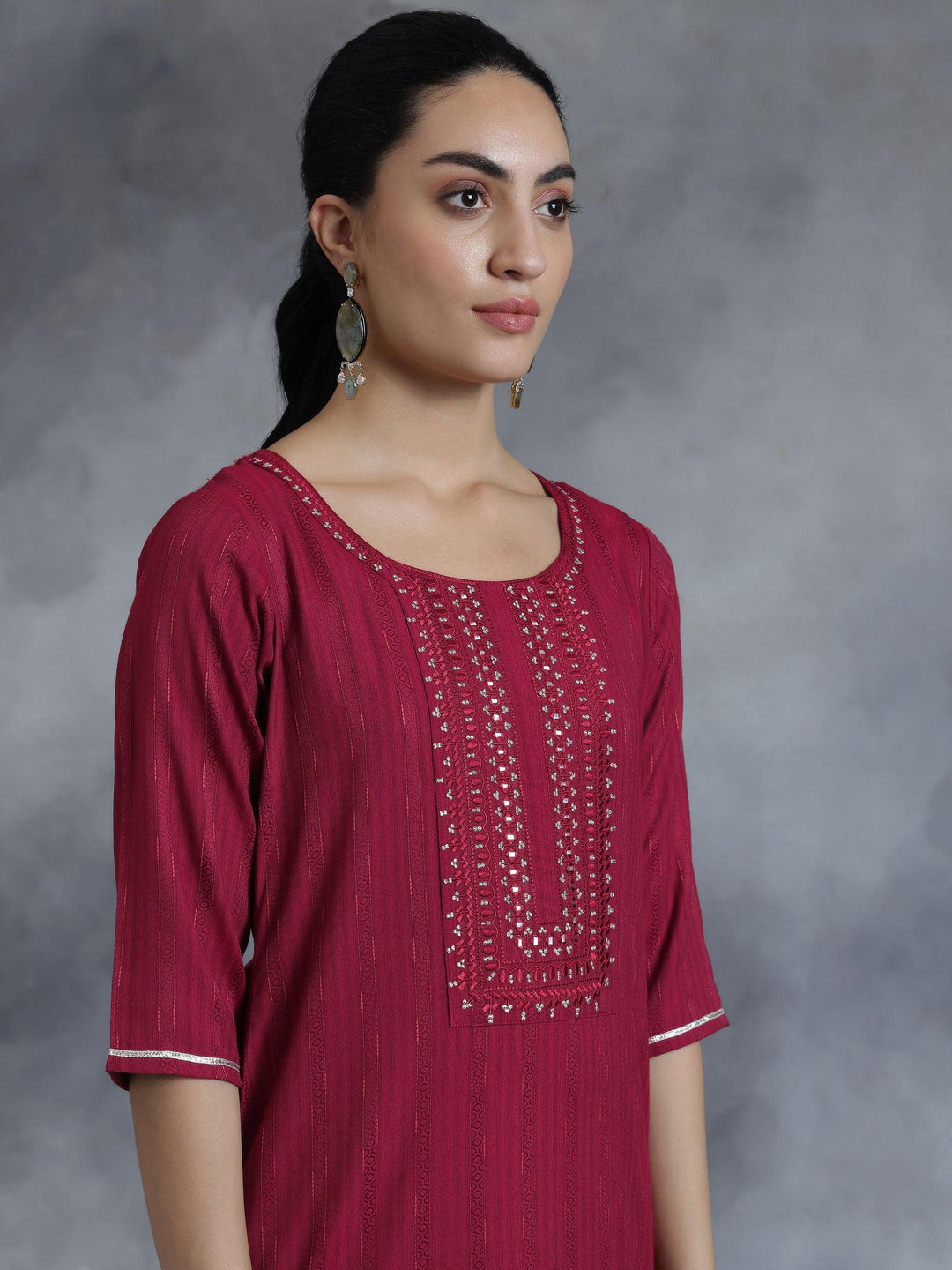 Maroon Yoke Design Rayon Straight Kurta - Libas