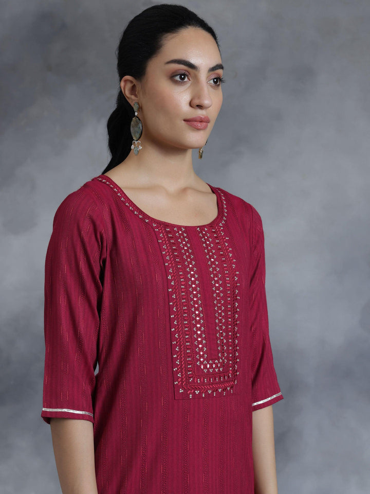 Maroon Yoke Design Rayon Straight Kurta - Libas