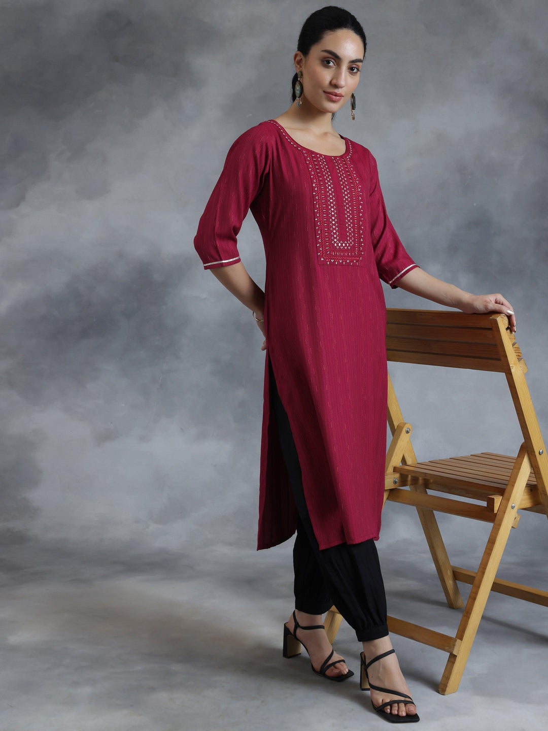 Maroon Yoke Design Rayon Straight Kurta - Libas 