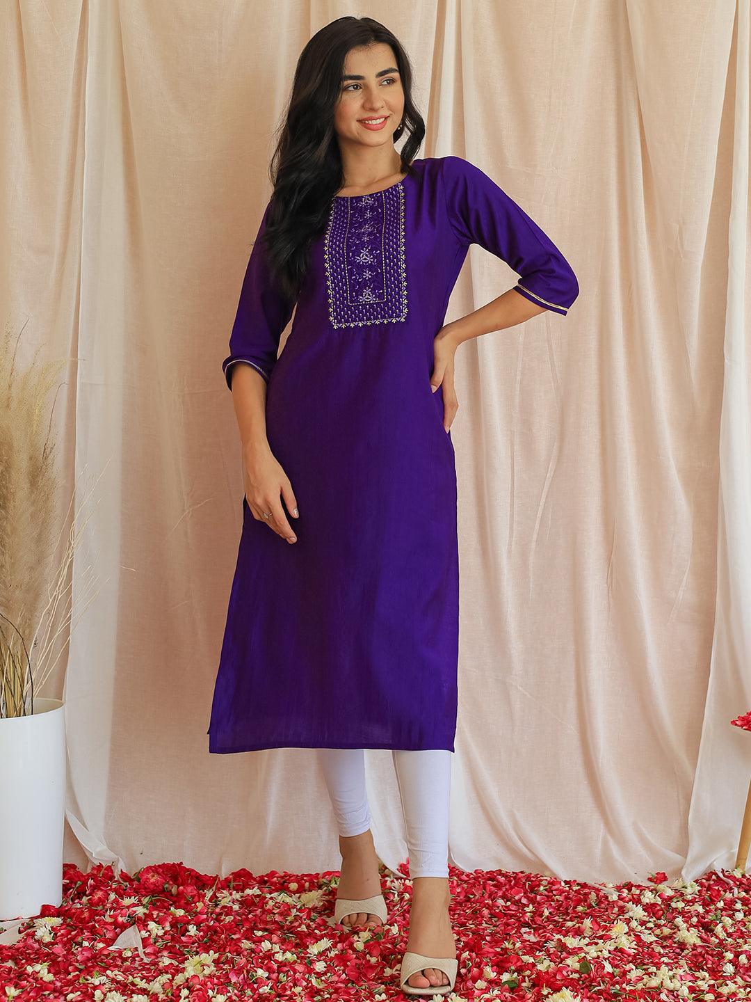 Purple Yoke Design Silk Straight Kurta - Libas 