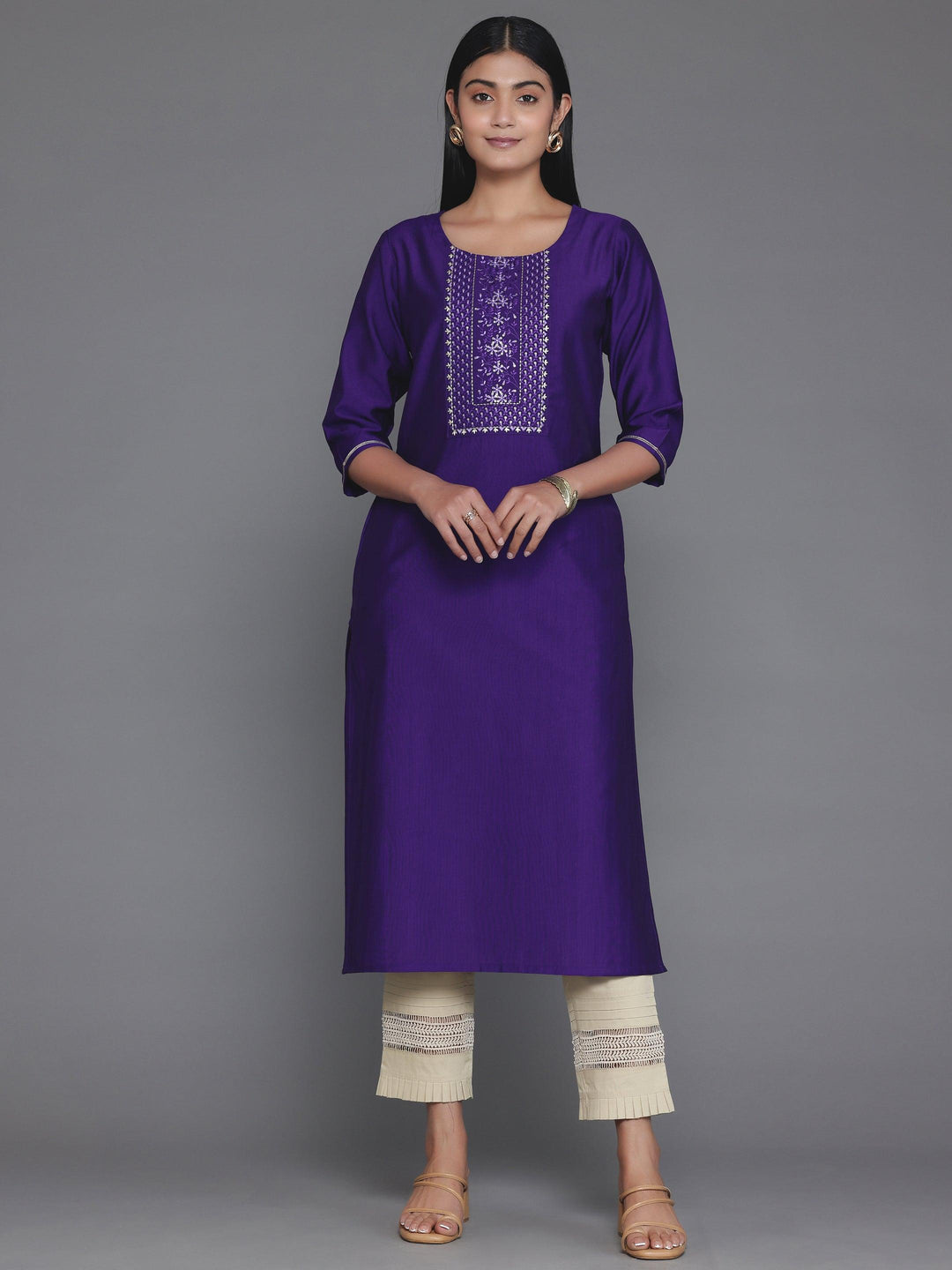 Purple Yoke Design Silk Straight Kurta - Libas 