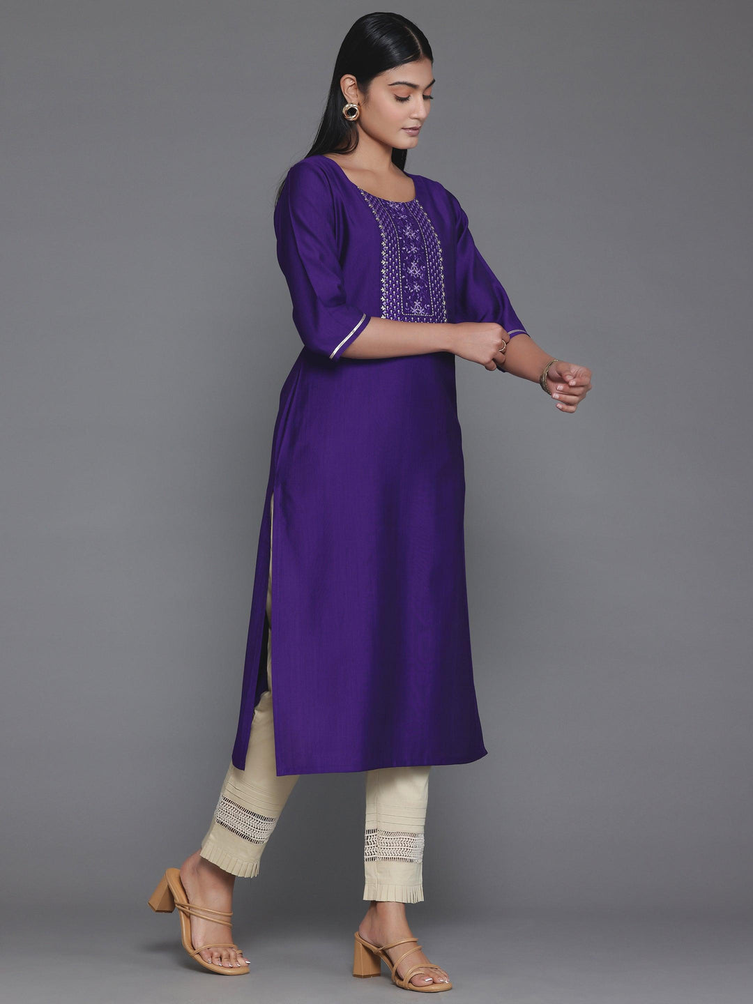 Purple Yoke Design Silk Straight Kurta - Libas