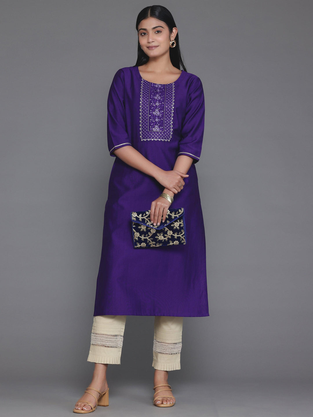 Purple Yoke Design Silk Straight Kurta - Libas 