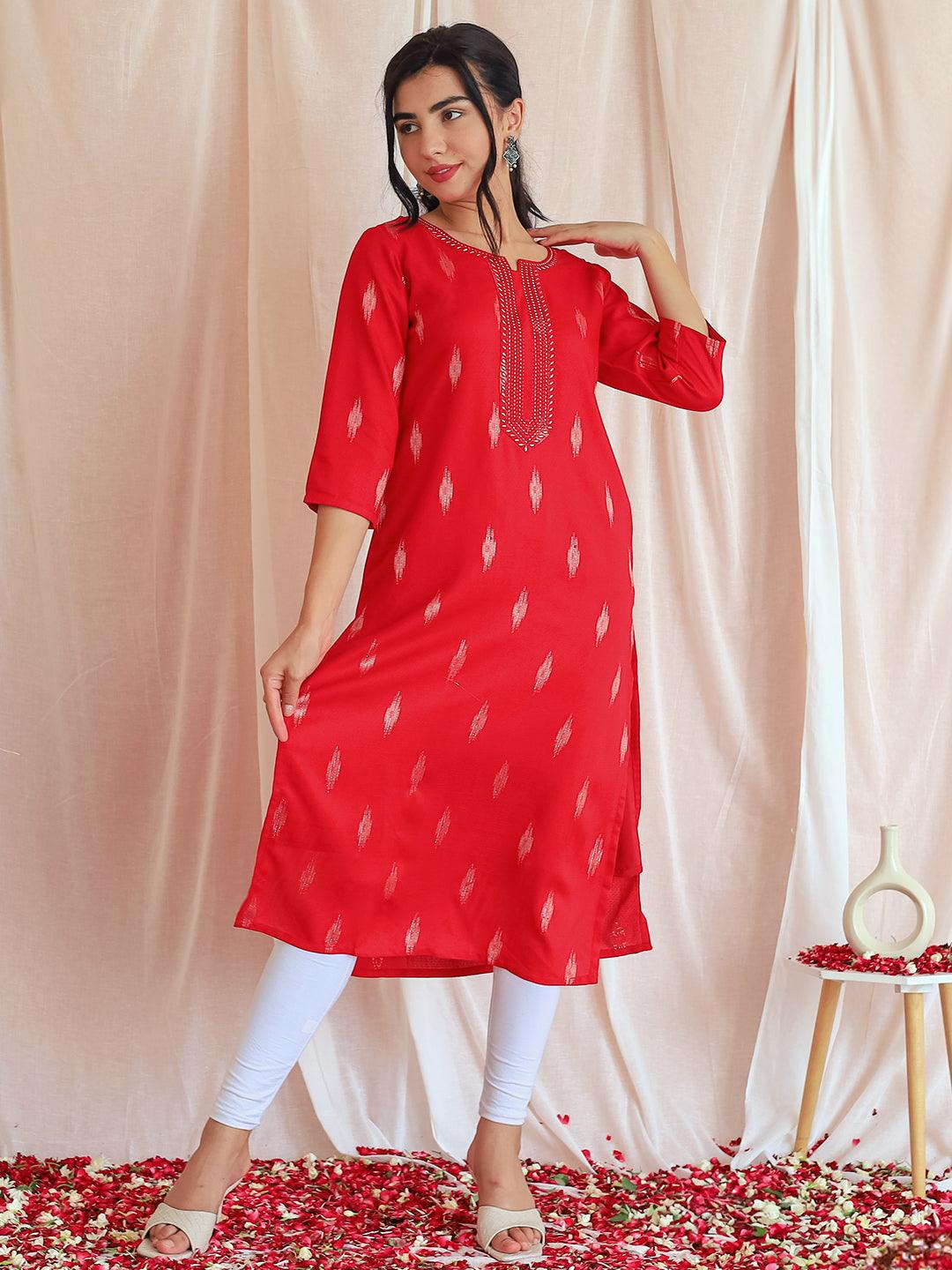 Pink Woven Design Rayon Straight Kurta - Libas 