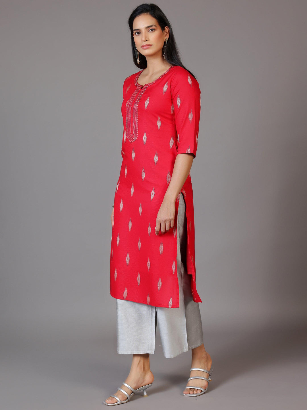 Pink Embroidered Rayon Straight Kurta - Libas 