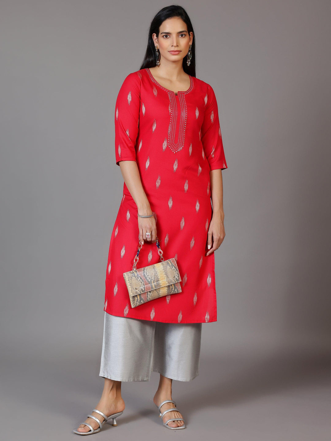 Pink Embroidered Rayon Straight Kurta - Libas