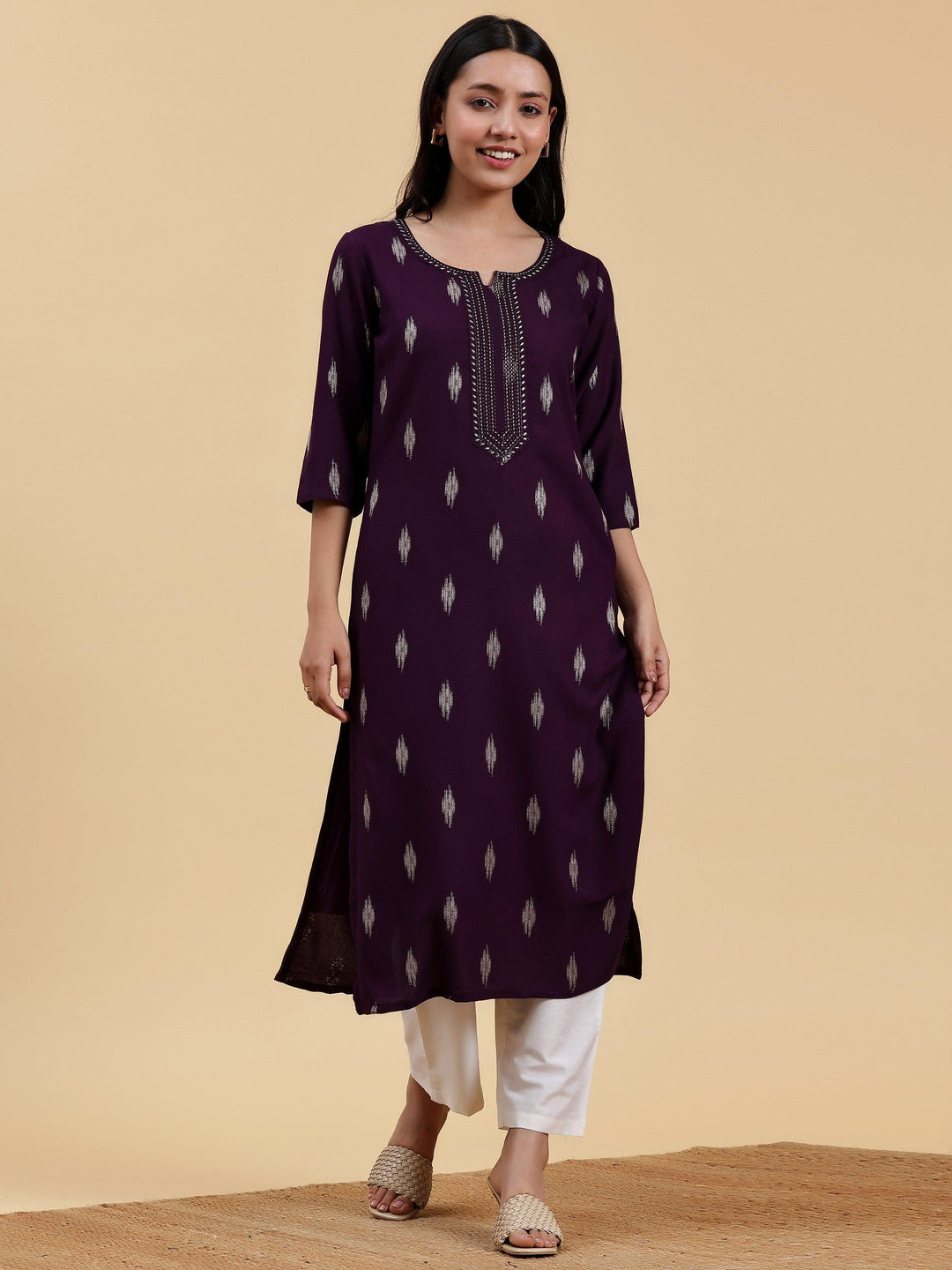 Purple Embroidered Rayon Straight Kurta - Libas 