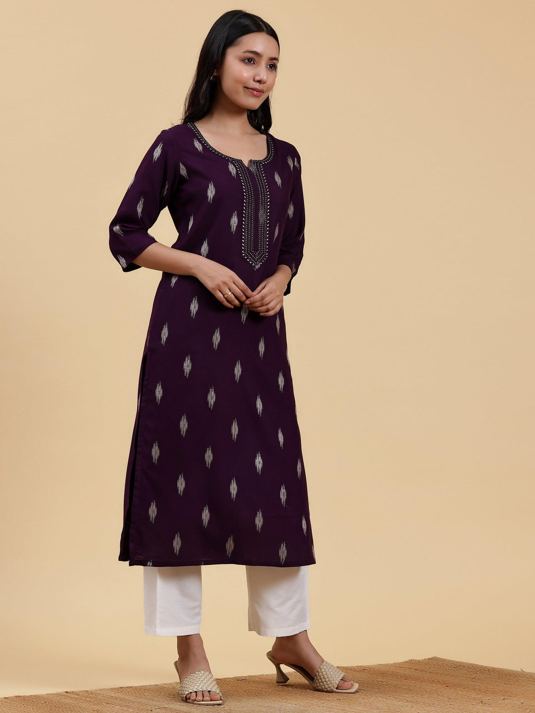 Purple Embroidered Rayon Straight Kurta - Libas 