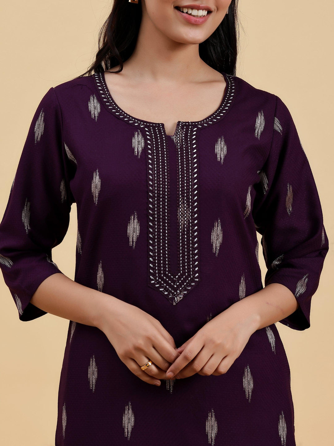 Purple Embroidered Rayon Straight Kurta - Libas