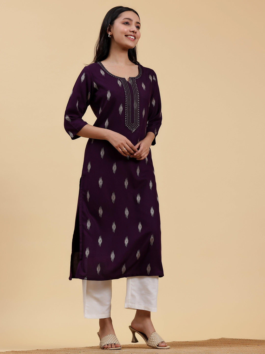 Purple Embroidered Rayon Straight Kurta - Libas