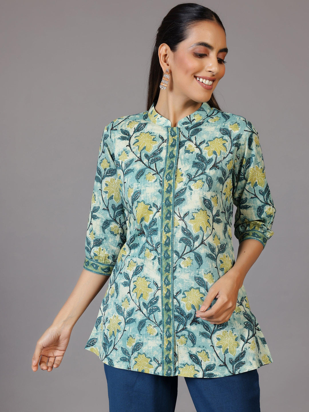 Green Printed Cotton Straight Kurti - Libas