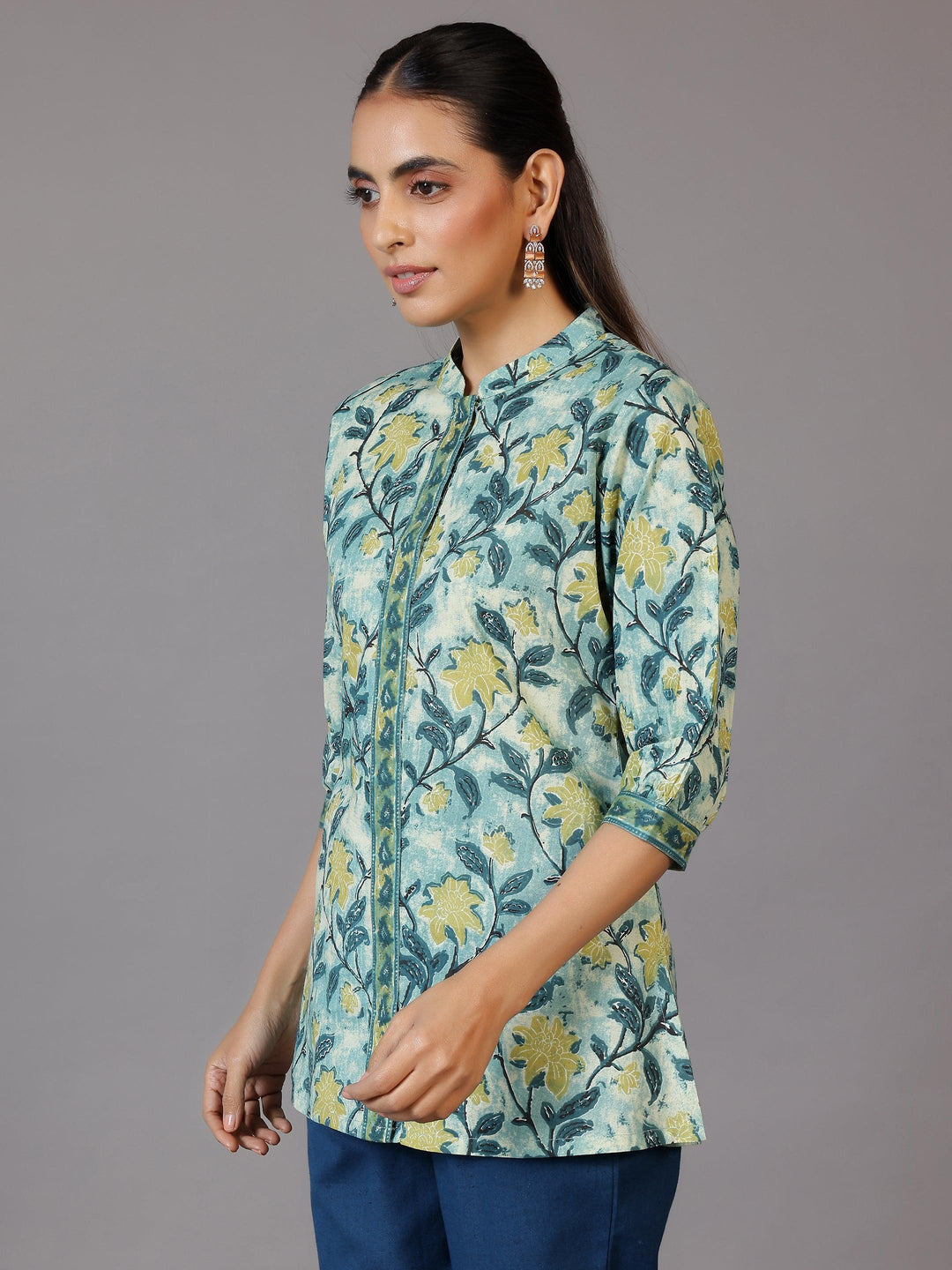 Green Printed Cotton Straight Kurti - Libas