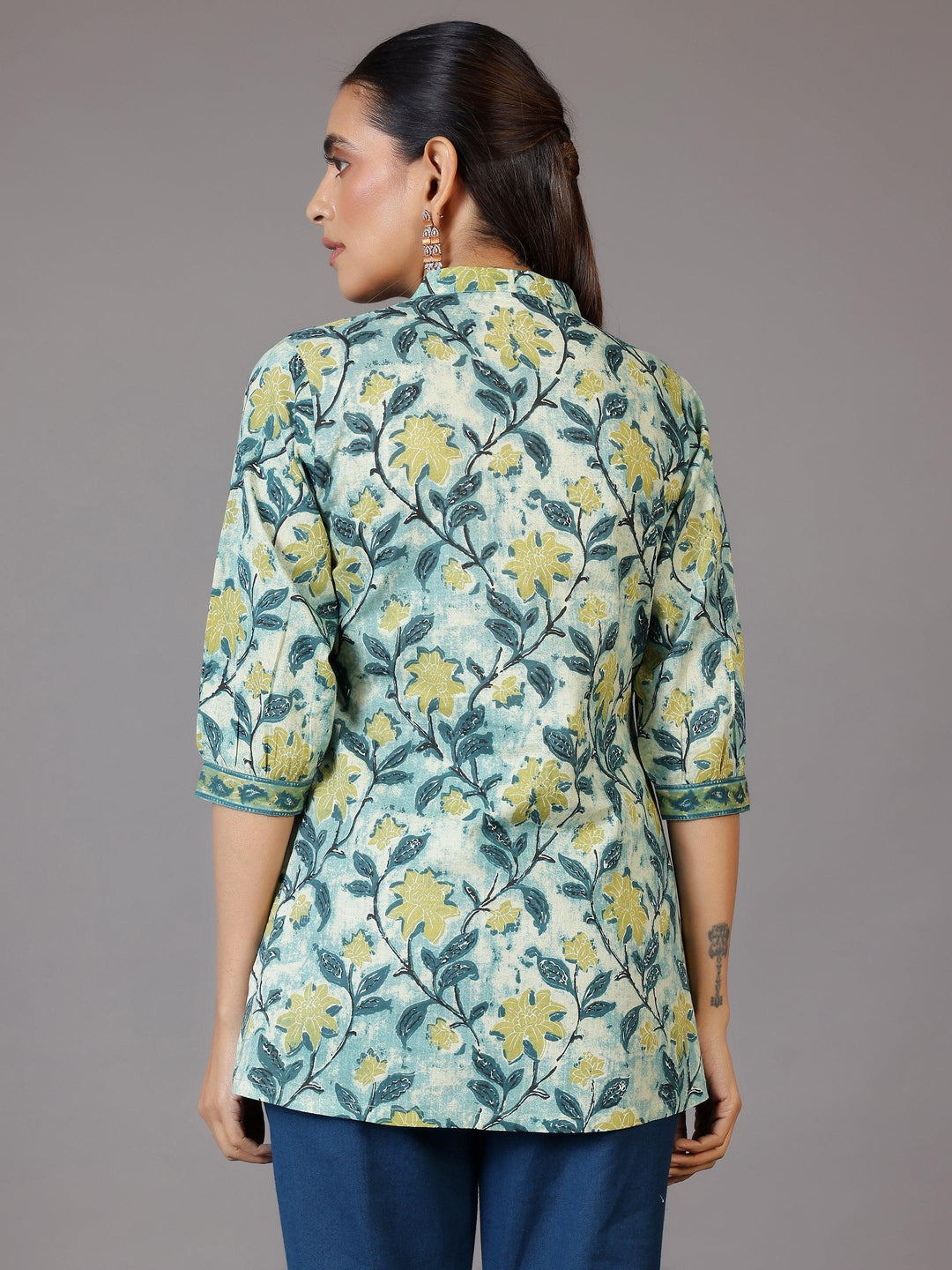 Green Printed Cotton Straight Kurti - Libas 