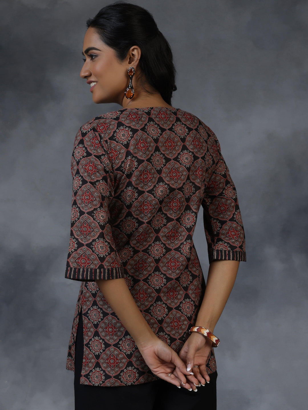 Black Printed Cotton Straight Kurti - Libas 