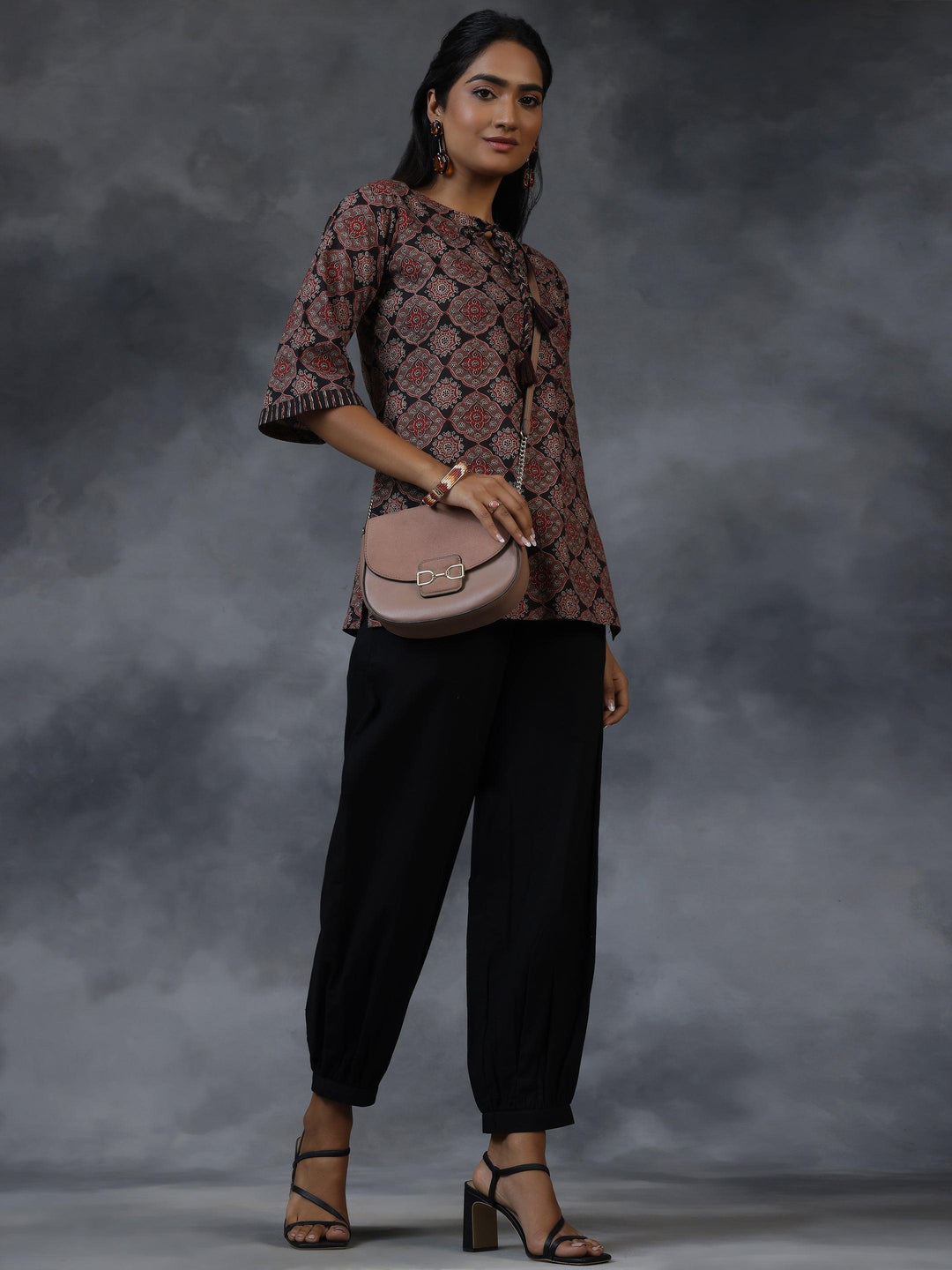 Black Printed Cotton Straight Kurti - Libas