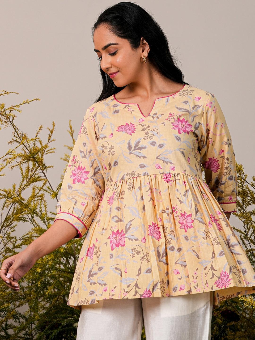 Yellow Printed Cotton A-Line Kurti - Libas