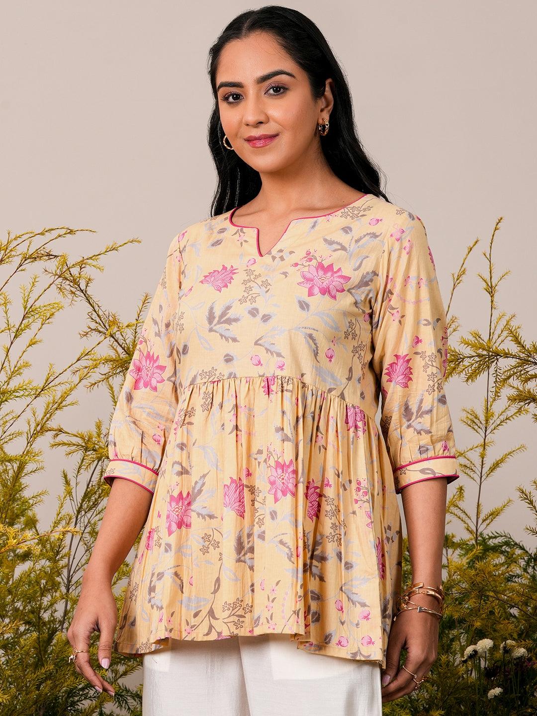 Yellow Printed Cotton A-Line Kurti - Libas