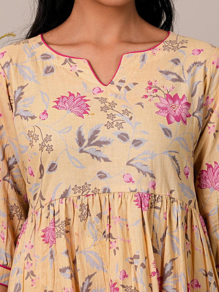 Yellow Printed Cotton A-Line Kurti - Libas