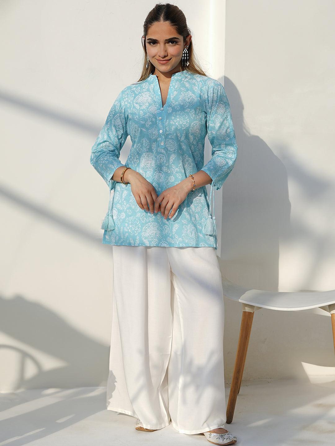 Blue Printed Cotton Straight Kurti - Libas