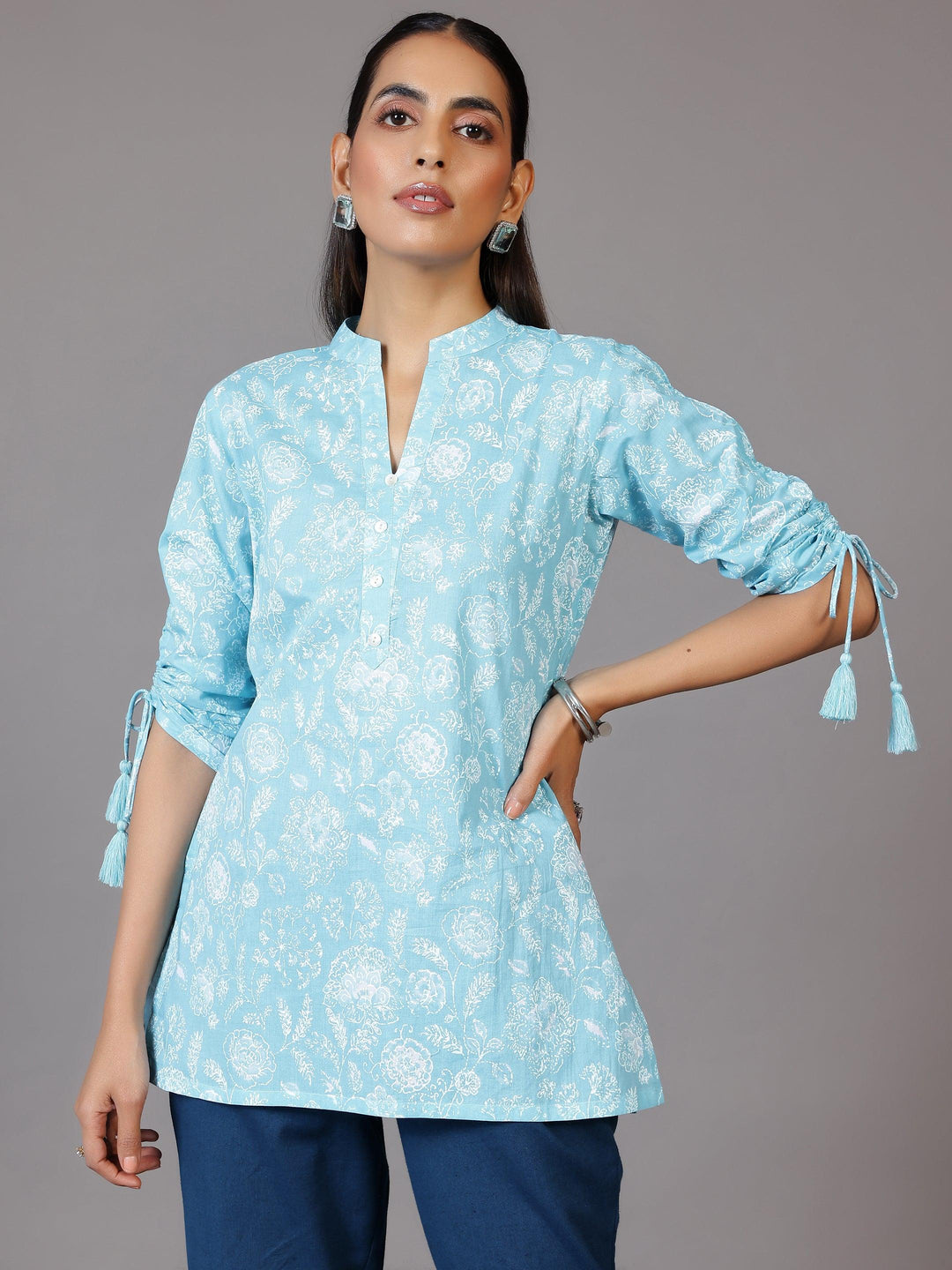 Blue Printed Cotton Straight Kurti - Libas 