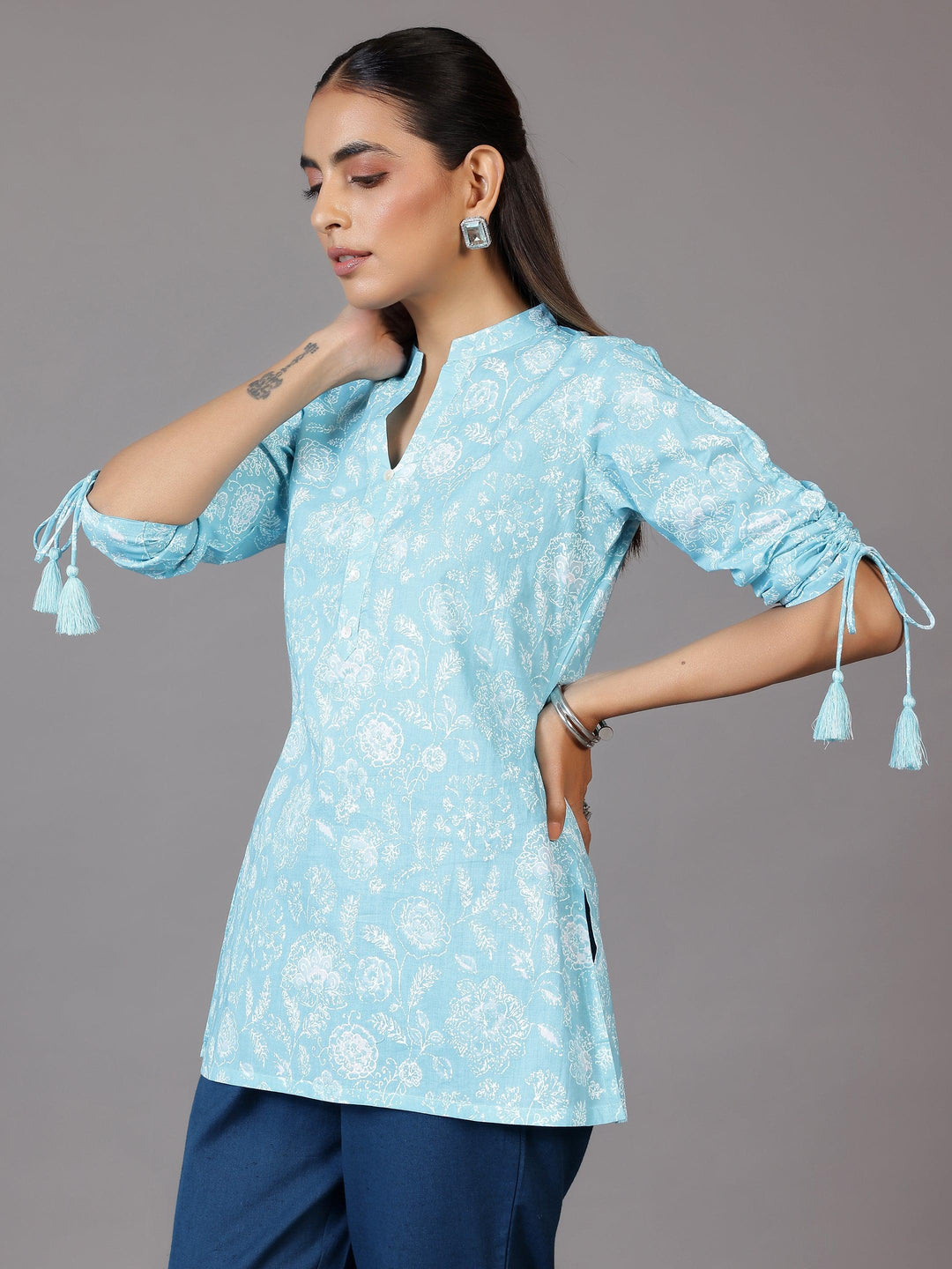 Blue Printed Cotton Straight Kurti - Libas 