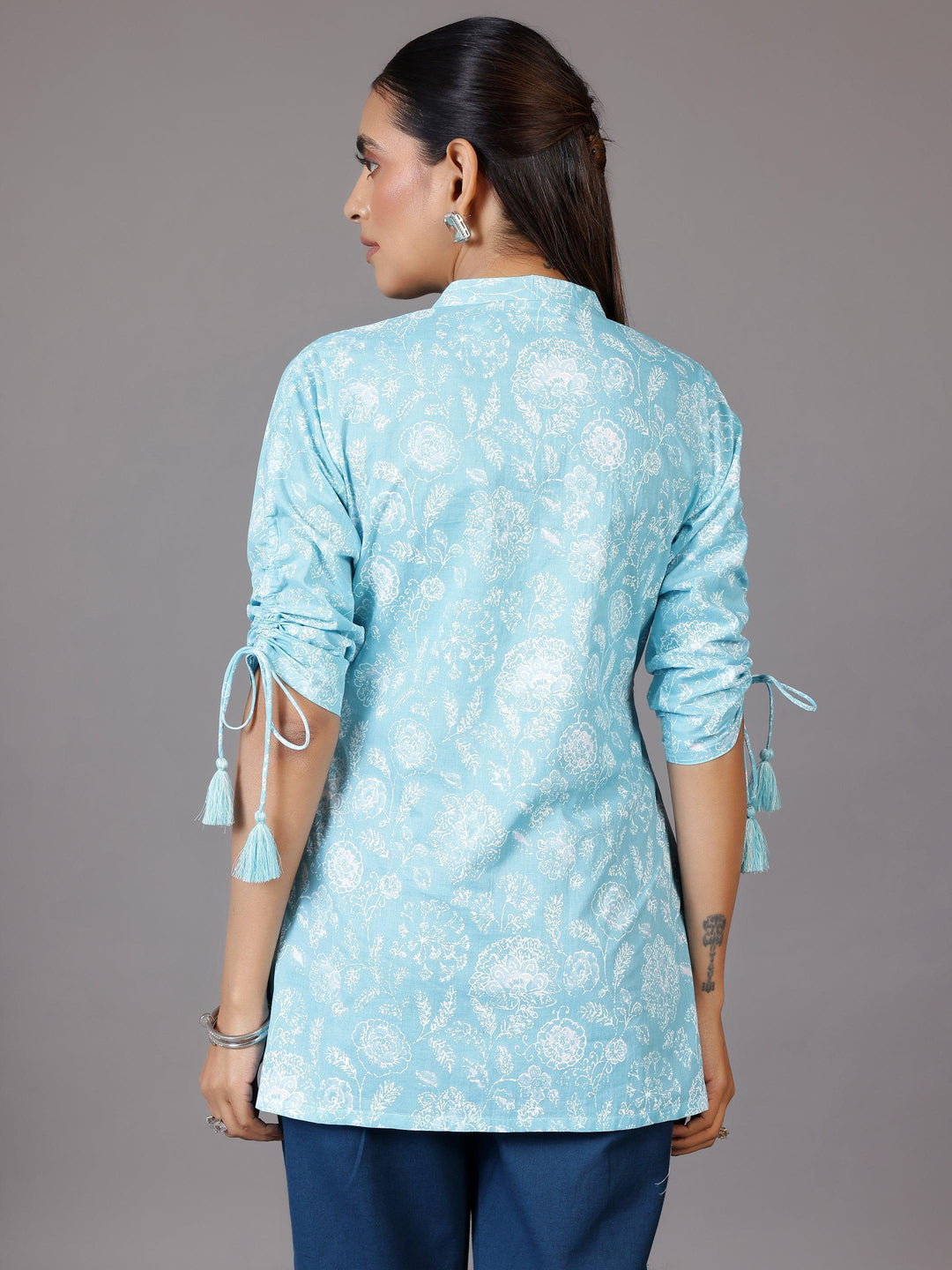 Blue Printed Cotton Straight Kurti - Libas