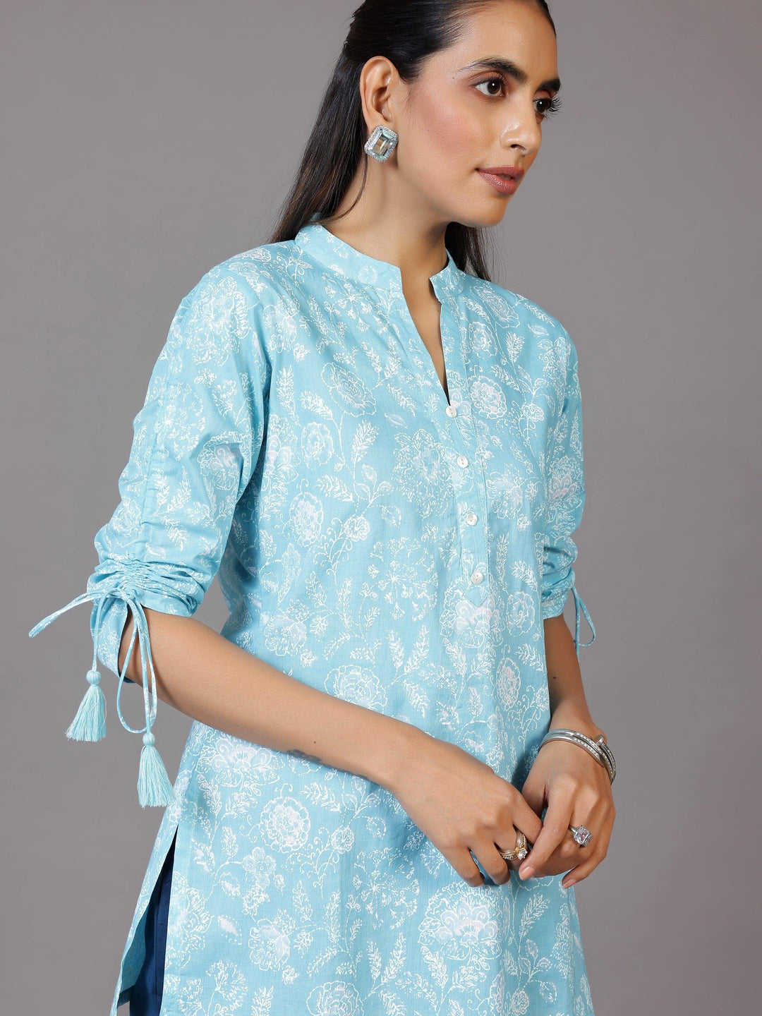 Blue Printed Cotton Straight Kurti - Libas 