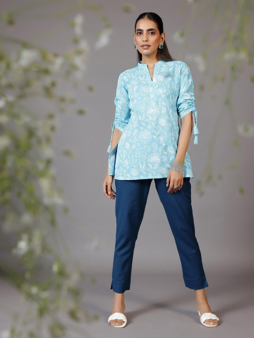 Blue Printed Cotton Straight Kurti - Libas 