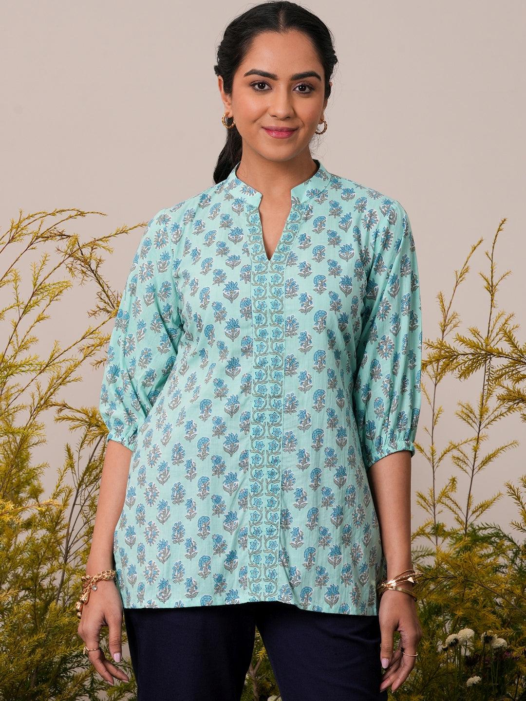 Blue Printed Cotton Straight Kurti - Libas