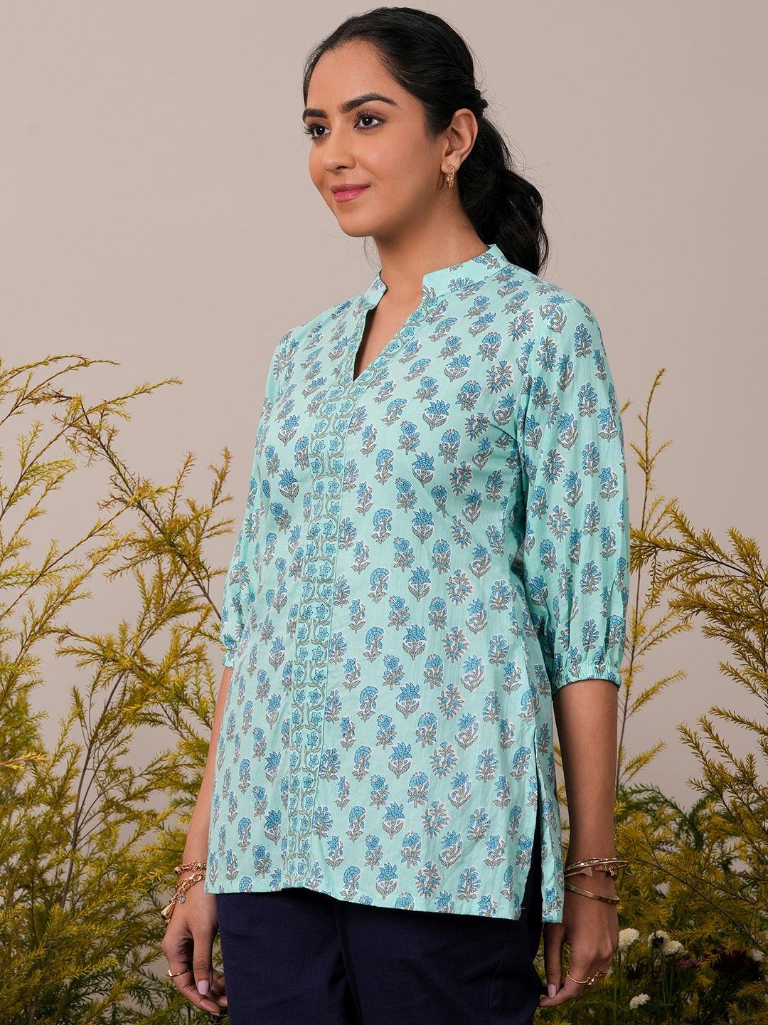 Blue Printed Cotton Straight Kurti - Libas