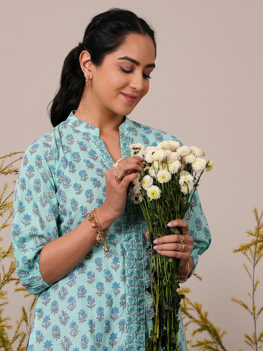 Blue Printed Cotton Straight Kurti - Libas