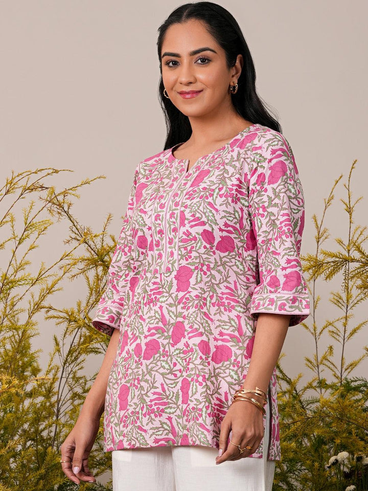 Pink Printed Cotton Straight Kurti - Libas