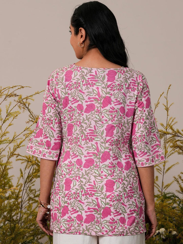 Pink Printed Cotton Straight Kurti - Libas