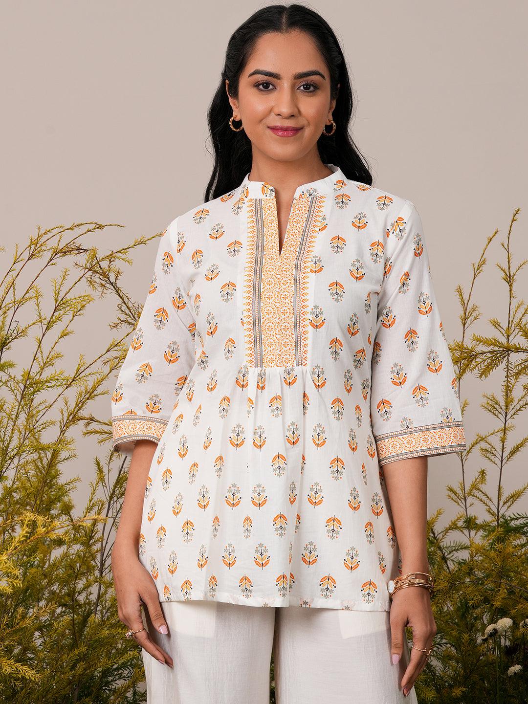 White Printed Cotton Straight Kurti - Libas 