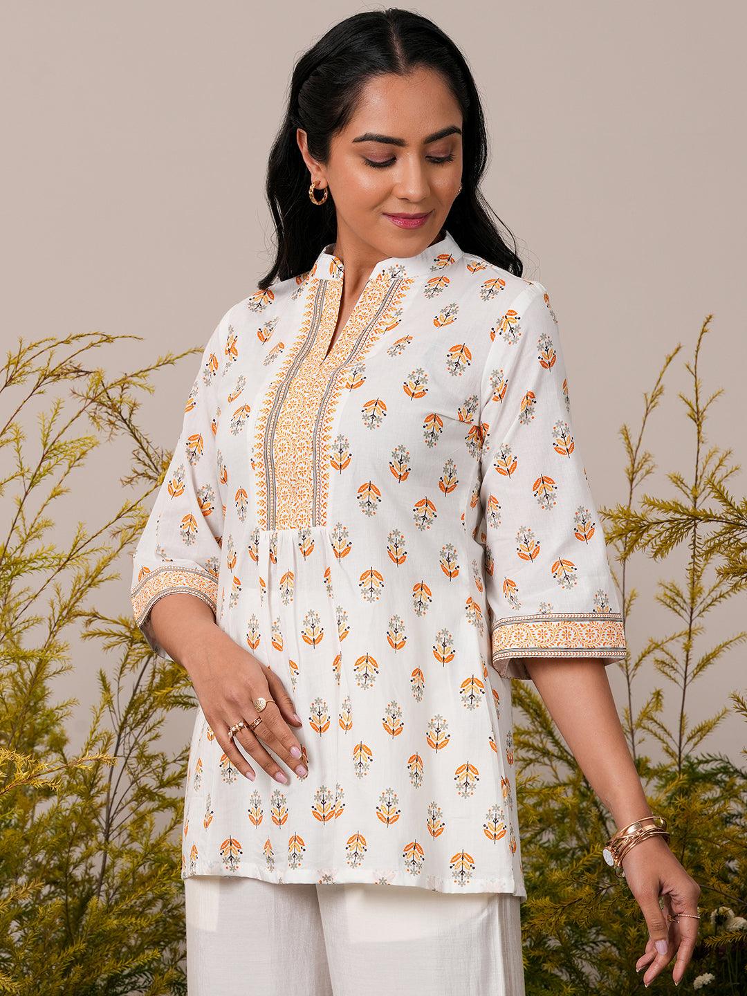 White Printed Cotton Straight Kurti - Libas 