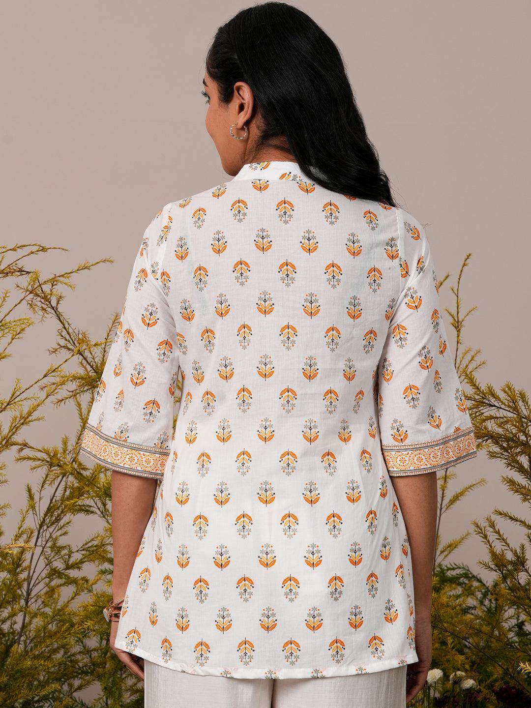 White Printed Cotton Straight Kurti - Libas 