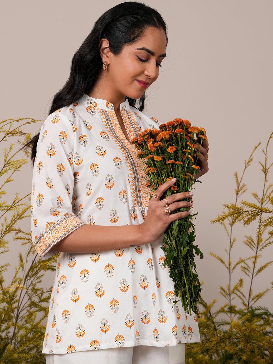 White Printed Cotton Straight Kurti - Libas 