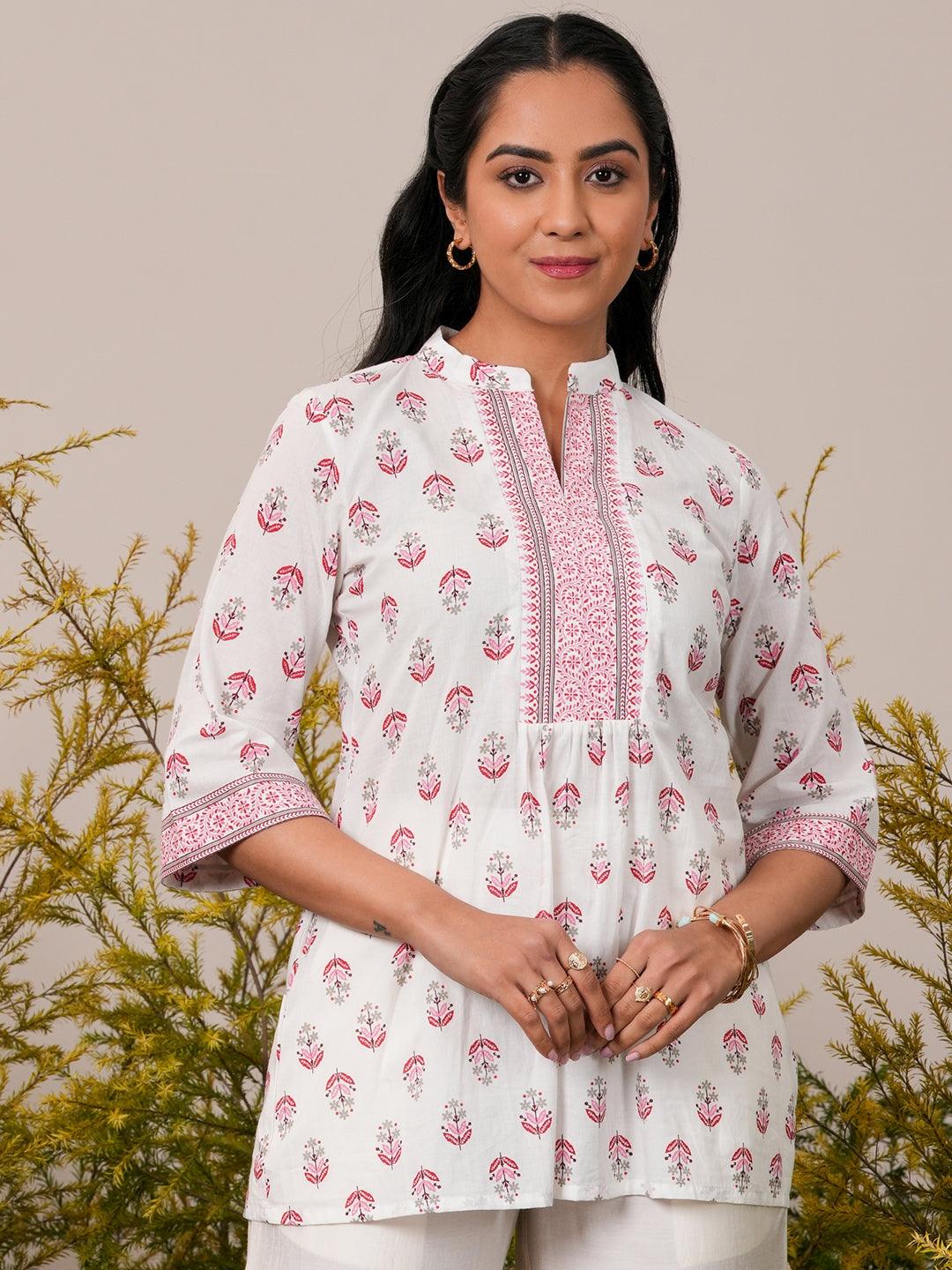 White Printed Cotton Straight Kurti - Libas 