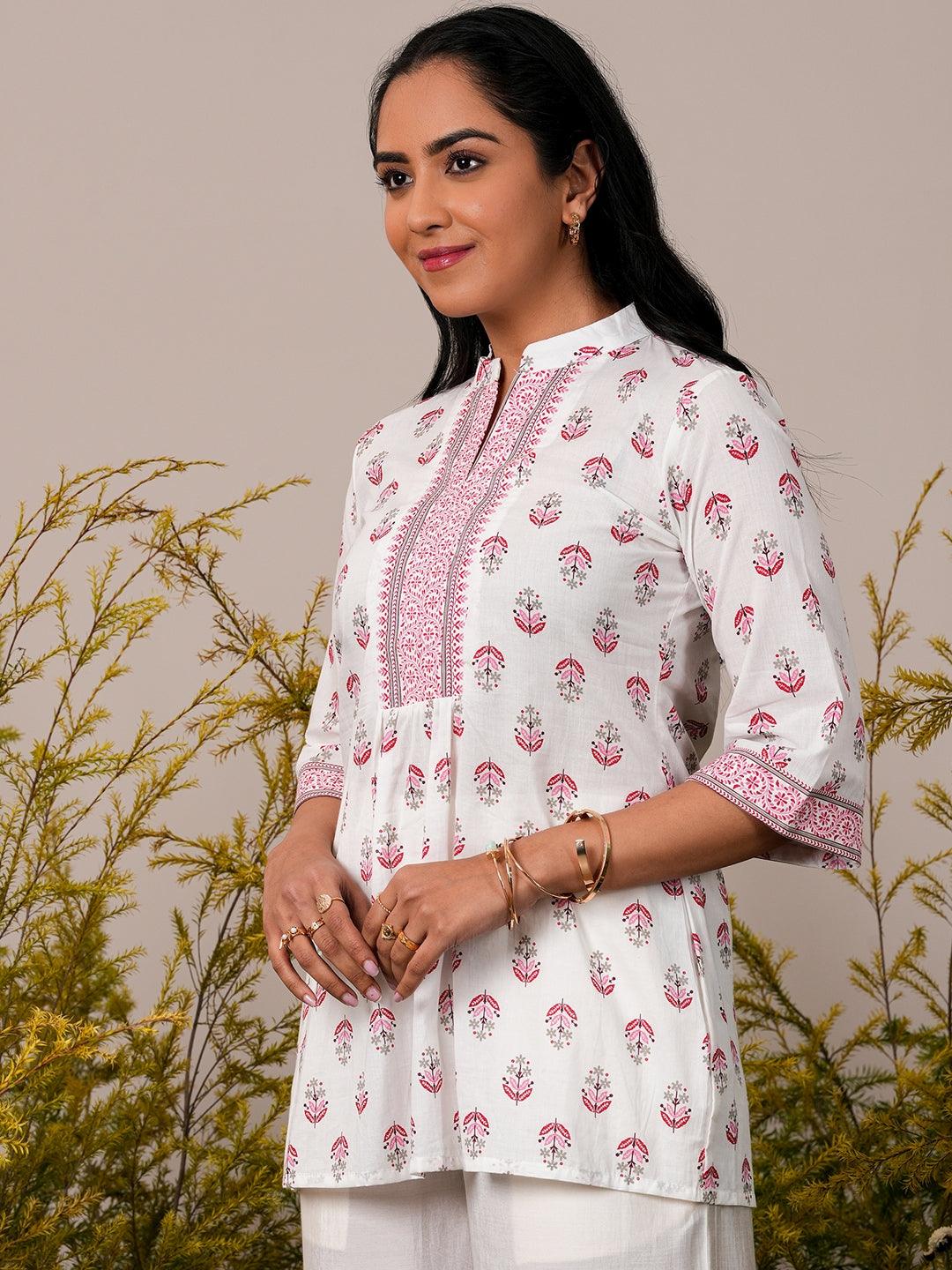 White Printed Cotton Straight Kurti - Libas 