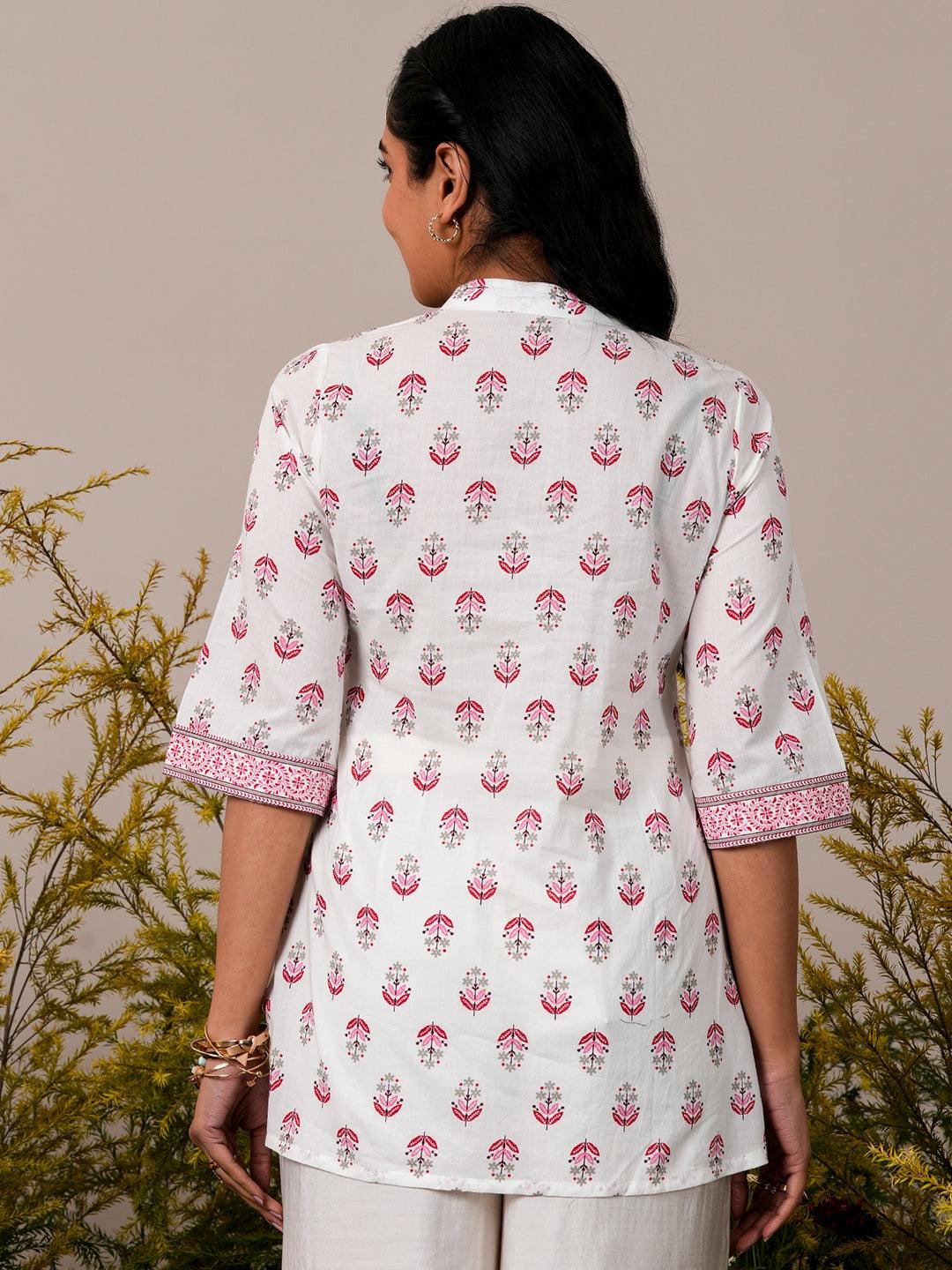 White Printed Cotton Straight Kurti - Libas