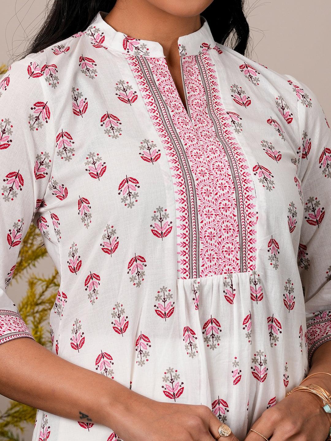 White Printed Cotton Straight Kurti - Libas 