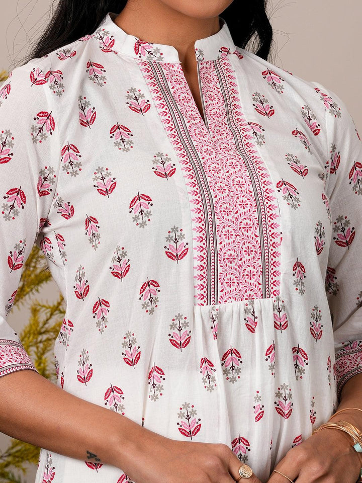 White Printed Cotton Straight Kurti - Libas