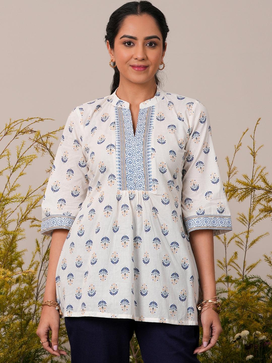 White Printed Cotton Straight Kurti - Libas 