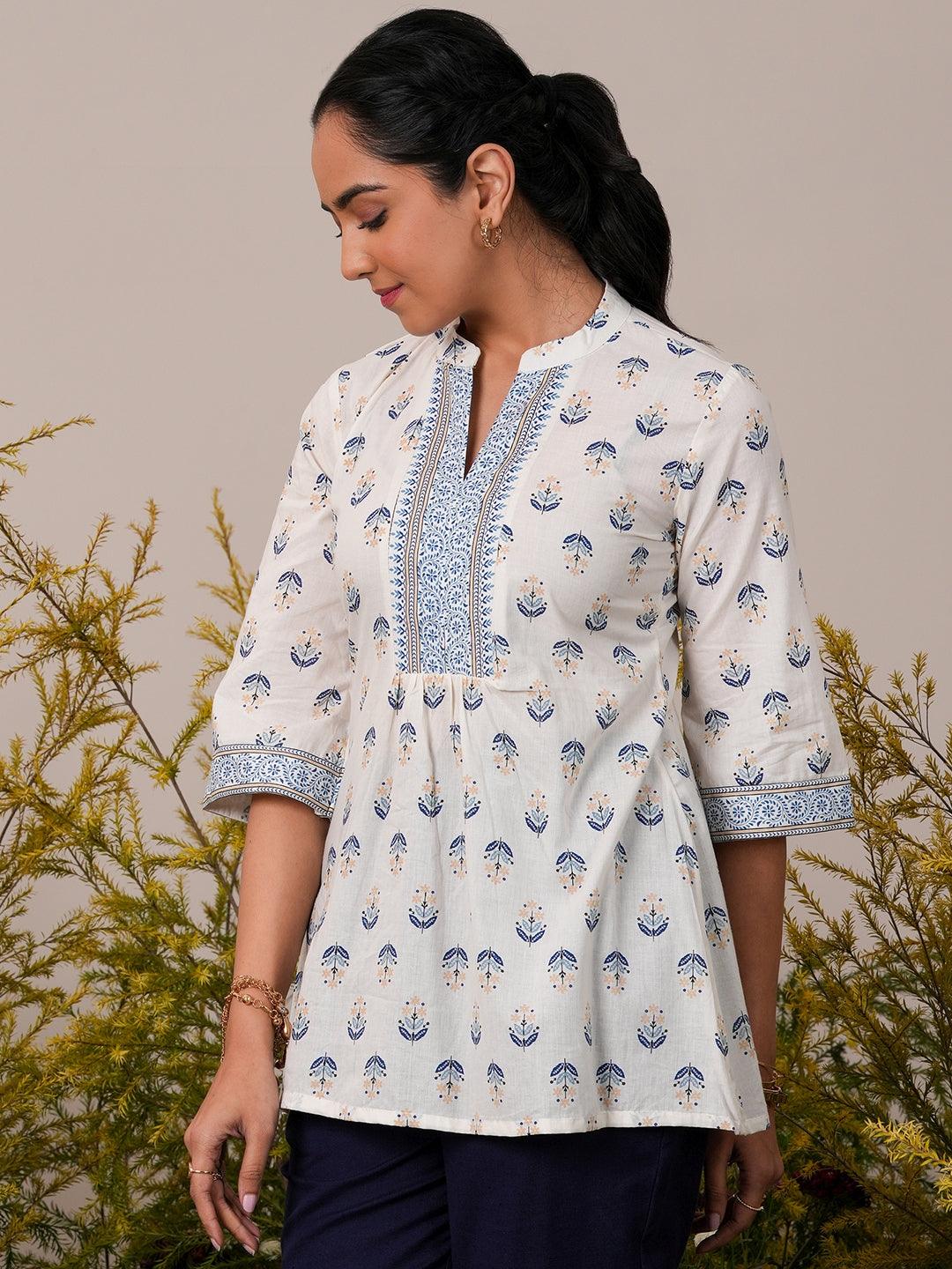 White Printed Cotton Straight Kurti - Libas 