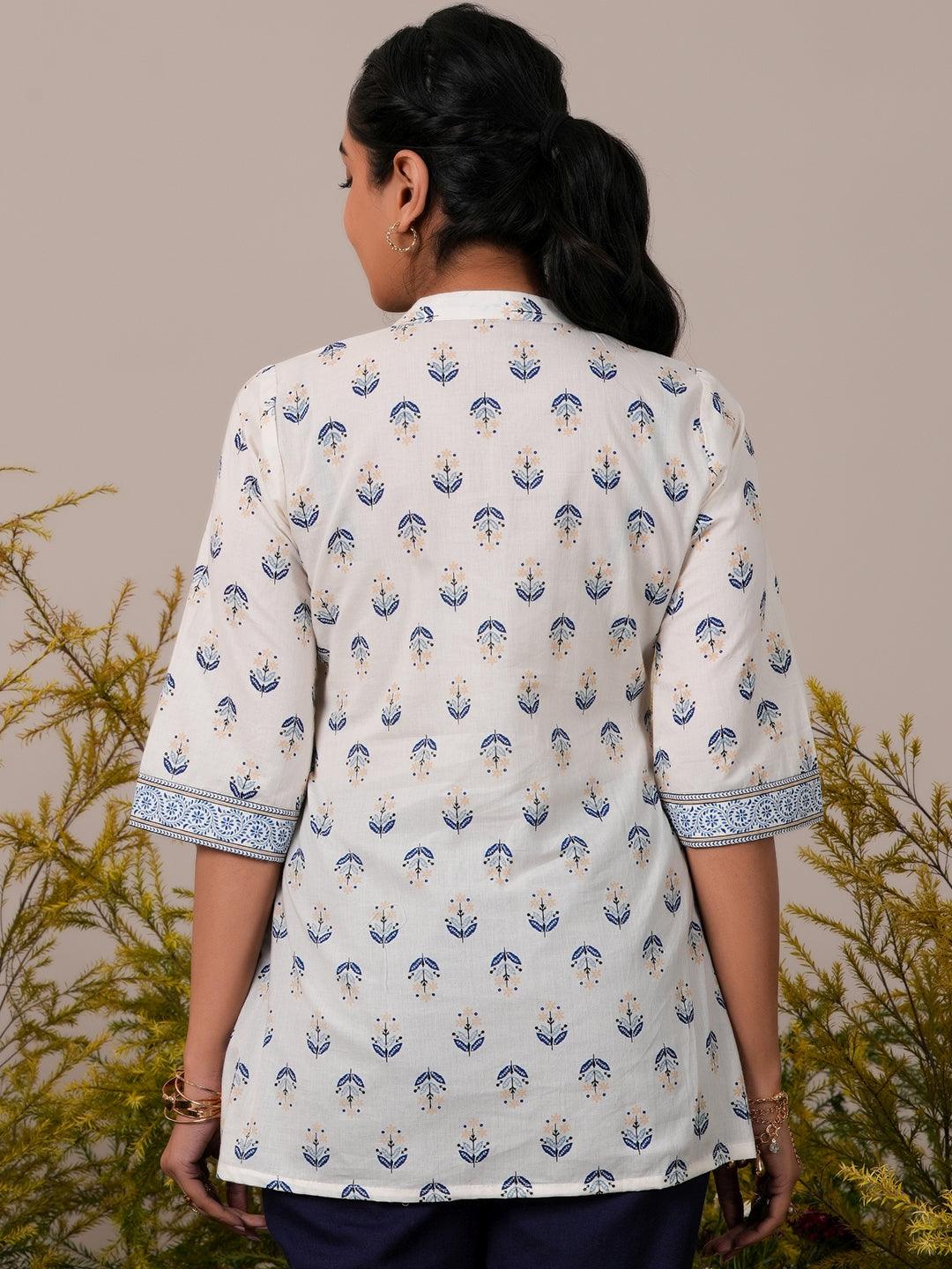 White Printed Cotton Straight Kurti - Libas 