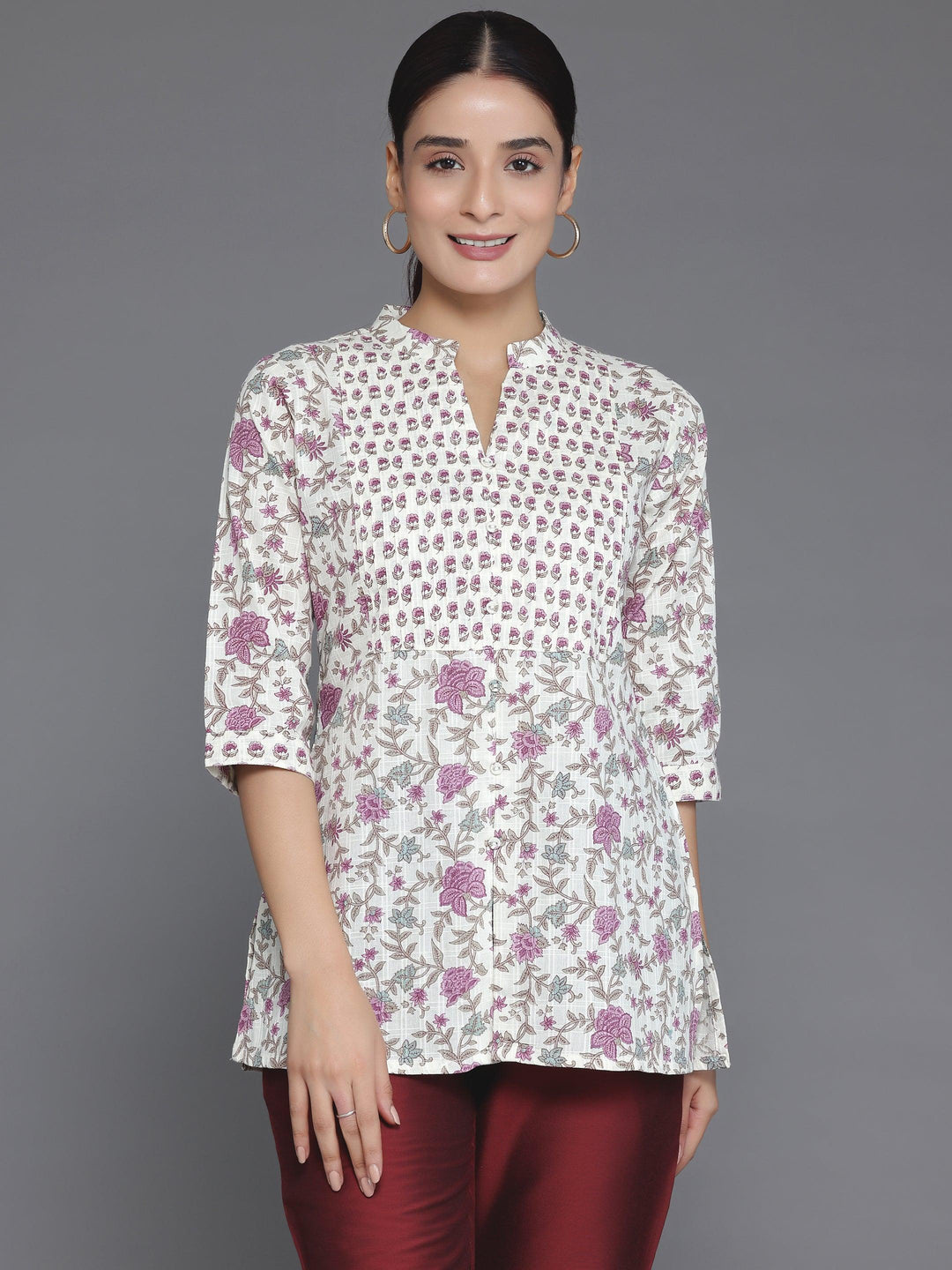 Off White Printed Cotton Blend Straight Kurti - Libas 