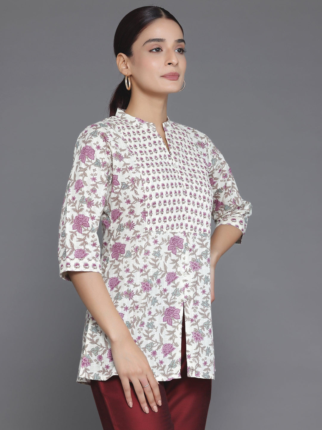 Off White Printed Cotton Blend Straight Kurti - Libas 