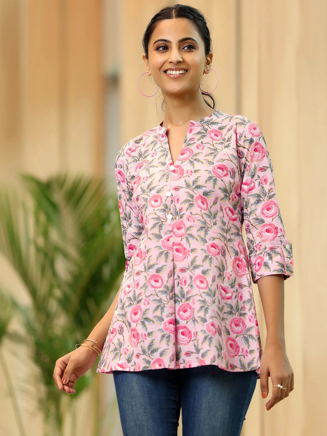 Pink Printed Cotton A-Line Kurti